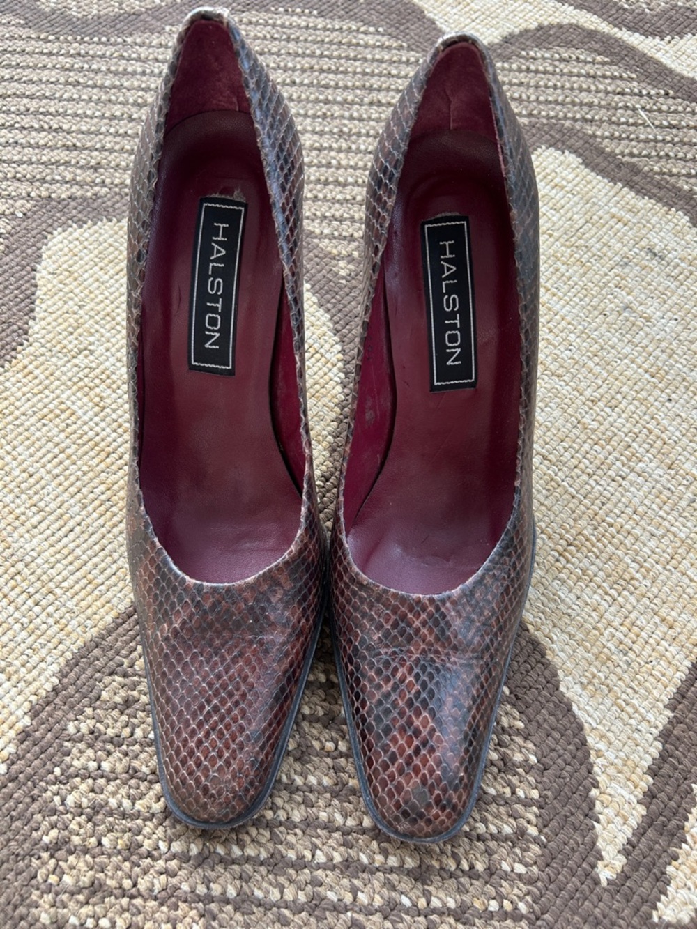 Halston Heritage Brown Snakeskin-Effect Pumps with Burgundy Lining